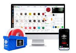 L'écosystème TigerSystem — Tiger Studio Manager sur ordinateur, un TigerPOD tenant une bobine taguée, et l'application mobile Tiger NFC Connect